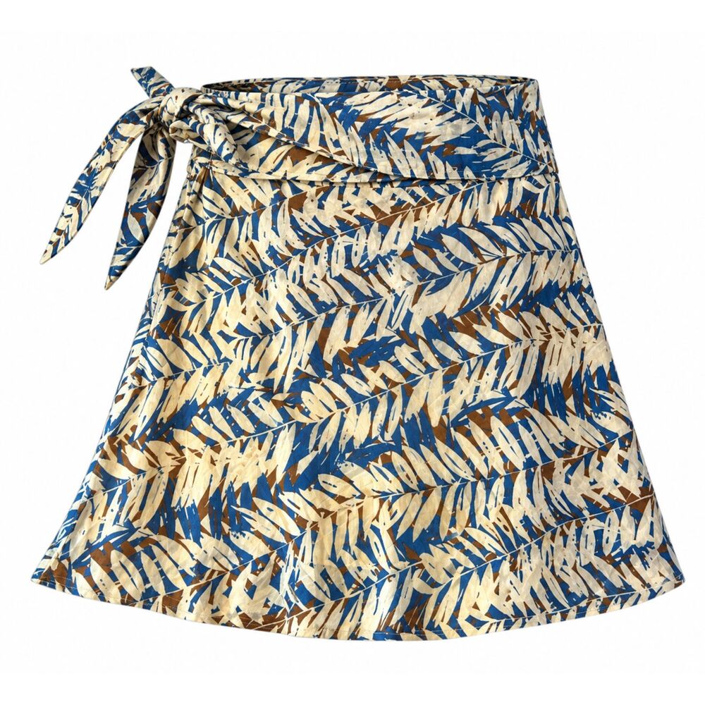 Luca Luca Blue Tropical Palm Print Silk Cotton Skirt Tie Belt